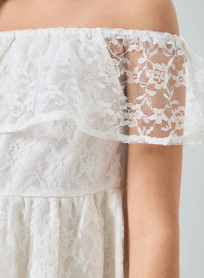 Styli Girls Off-White Off-Shoulder Lace Dress